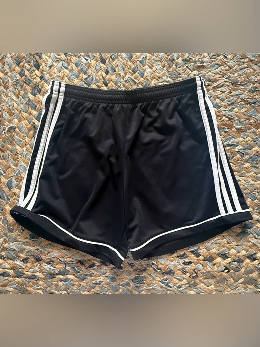 Women's Black ADIDAS Shorts with White Trim and inside drawstring.